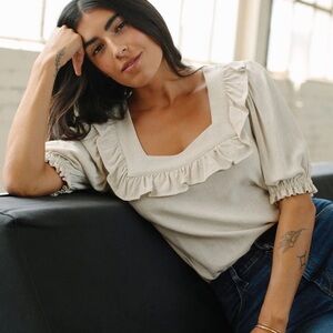 Rachel Pally Linen Dorothy Top Short Sleeve Ruffled Square Neck Top Size Small